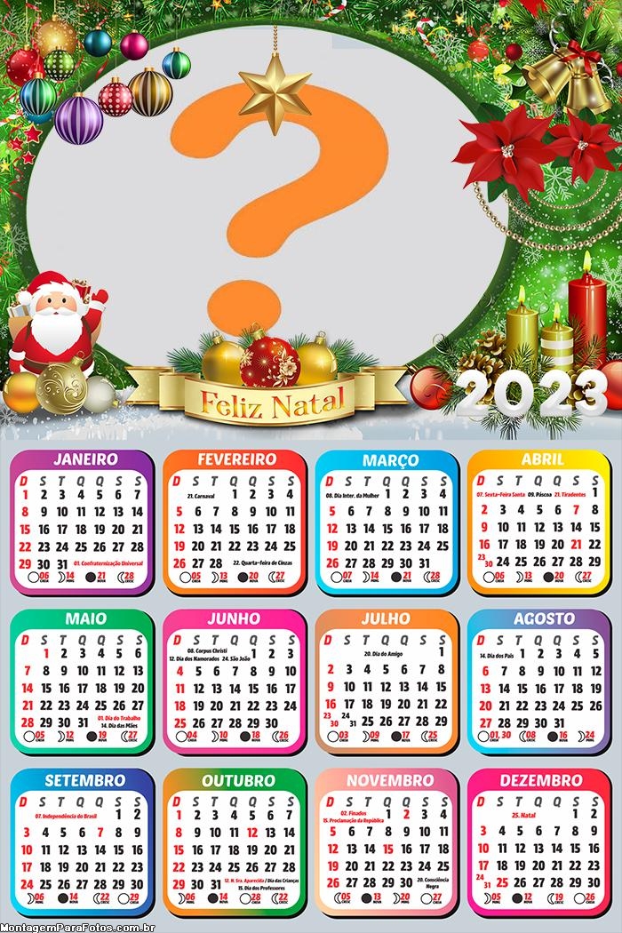 Calendário 2023 Feliz Natal Papai Noel para Imprimir Grátis | Colagem de  Foto
