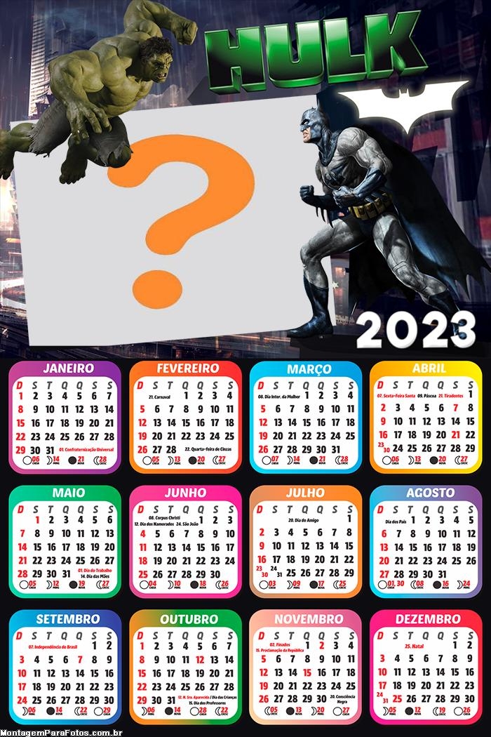 Calendário 2023 Hulk vs Batman Colar Foto Grátis