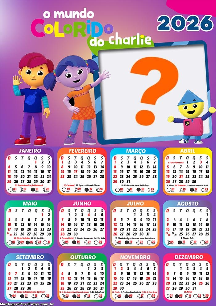 Calendário 2026 O Mundo Colorido do Charlie Criar Montagem