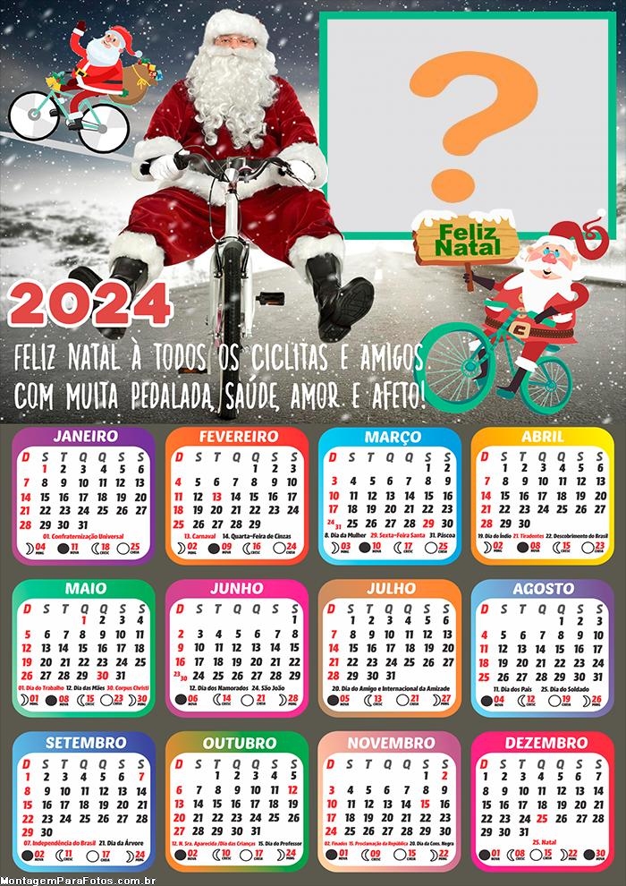 Montagem Grátis Calendário 2024 Feliz Natal Papai Noel Bicicleta