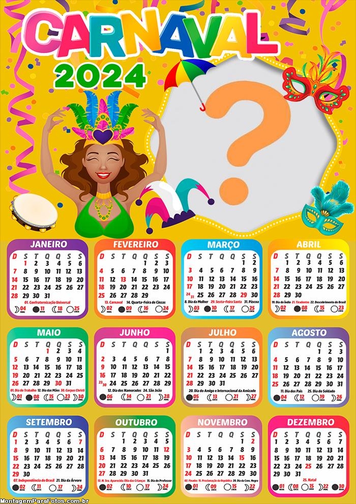 Calendário 2024 Carnaval para Imprimir Grátis Colagem de Foto