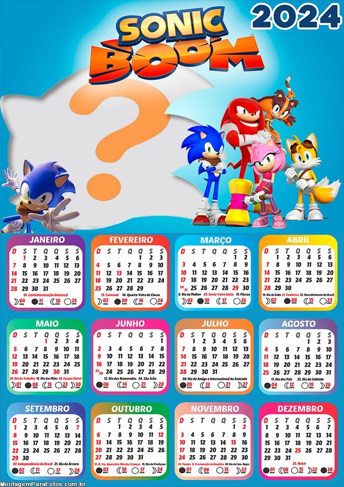 Calendário 2024 Sonic Boom Infantil Colagem de Foto