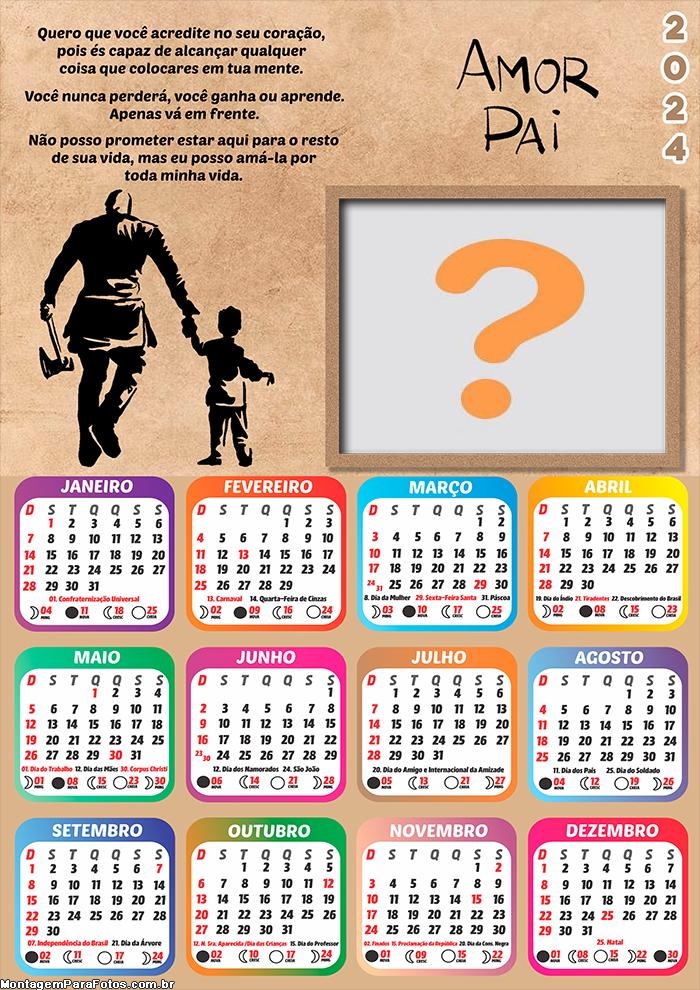 Calendário 2024 Pai Amor com Mensagem Dia dos Pais Colagem de Foto