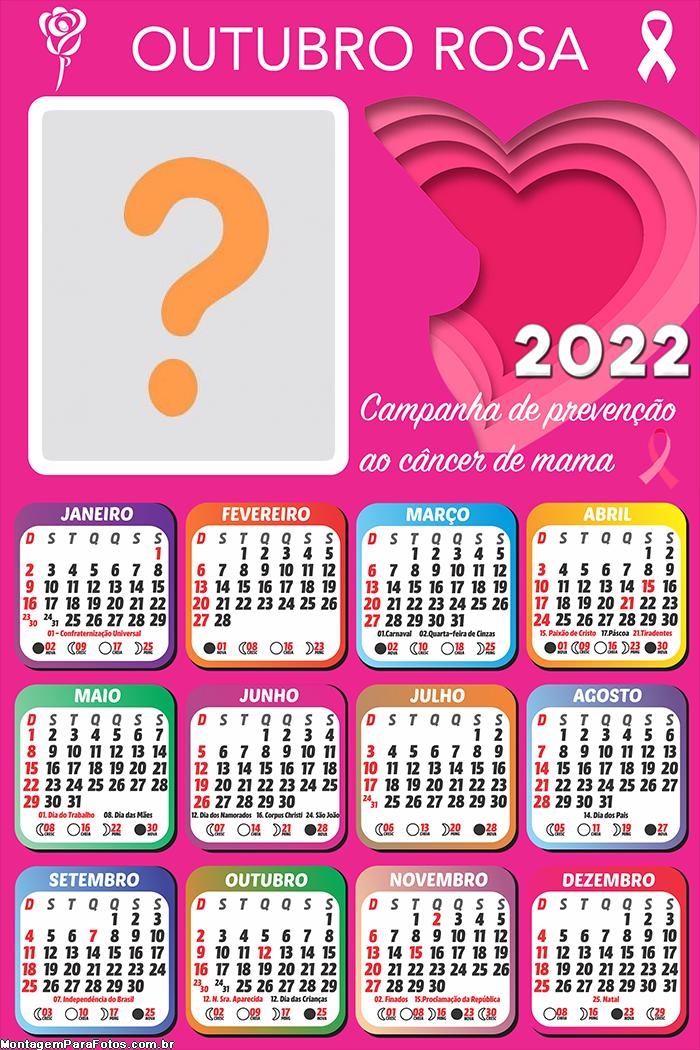 Calendário 2022 Outubro Rosa Moldura com Foto Online