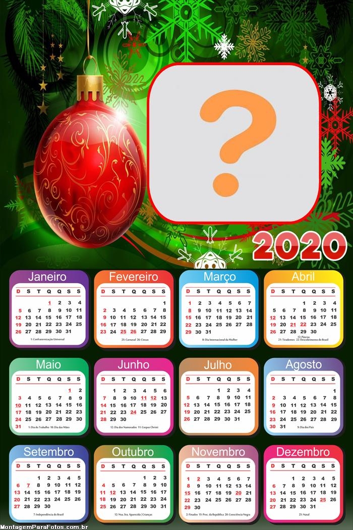 Calendário 2020 Bola Vermelha de Árvore Natalina