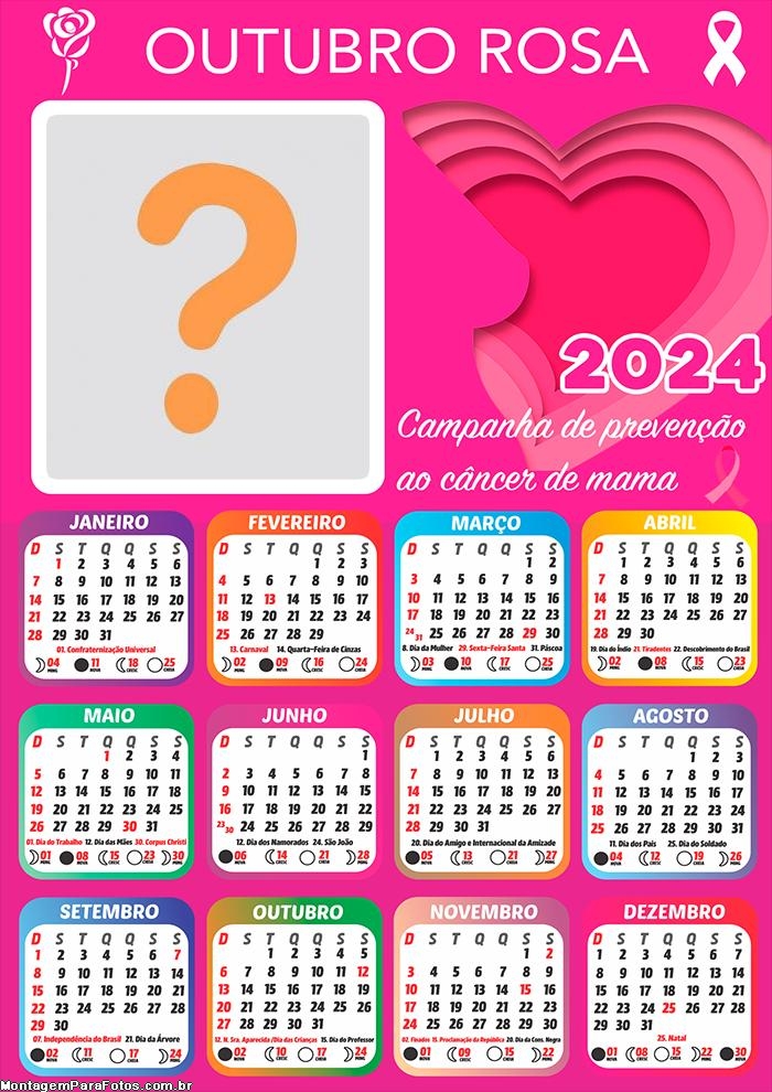 Montagem de Foto Virtual Calendário 2024 Outubro Rosa