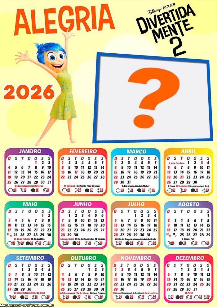Calendário 2026 Alegria Divertidamente 2 Colagem Online