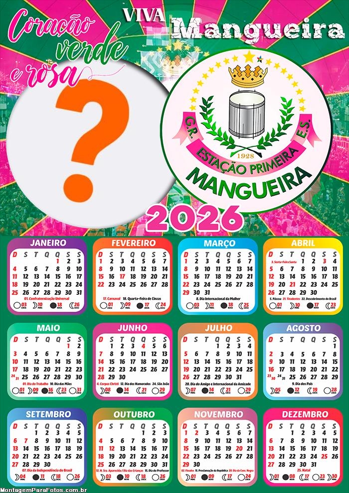 Calendário 2026 Estação Primeira Mangueira Escola de Samba Criar Montagem