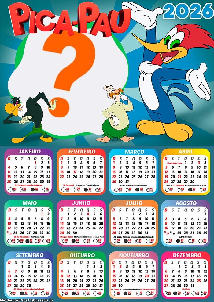 Calendário 2026 Pica-Pau Fazer Colagem Grátis
