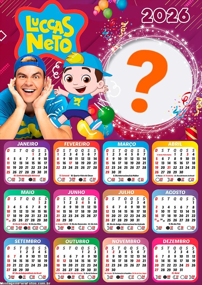 Calendário 2026 Luccas Neto Aniversário Colagem de Fotos