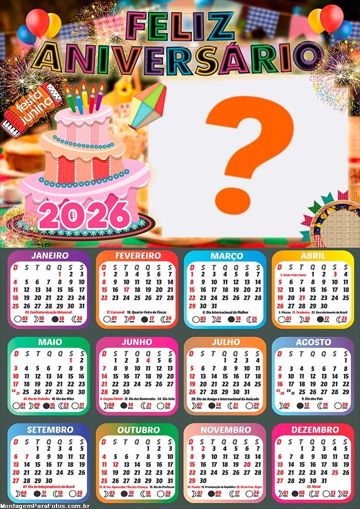 Calendário 2026 Feliz Aniversário Festa Junina Colagem de Fotos