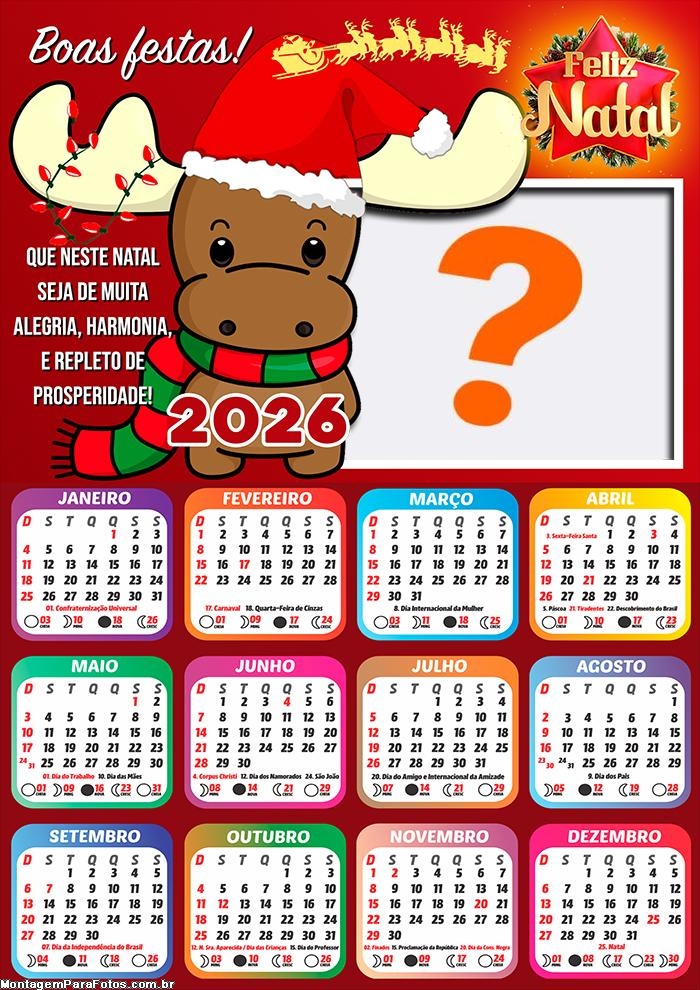 Calendário 2026 Rena Mascote do Papai Noel Fazer Colagem Grátis