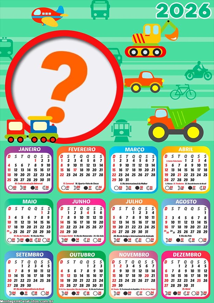 Calendário 2026 Tema Meio de Transporte Foto Moldura