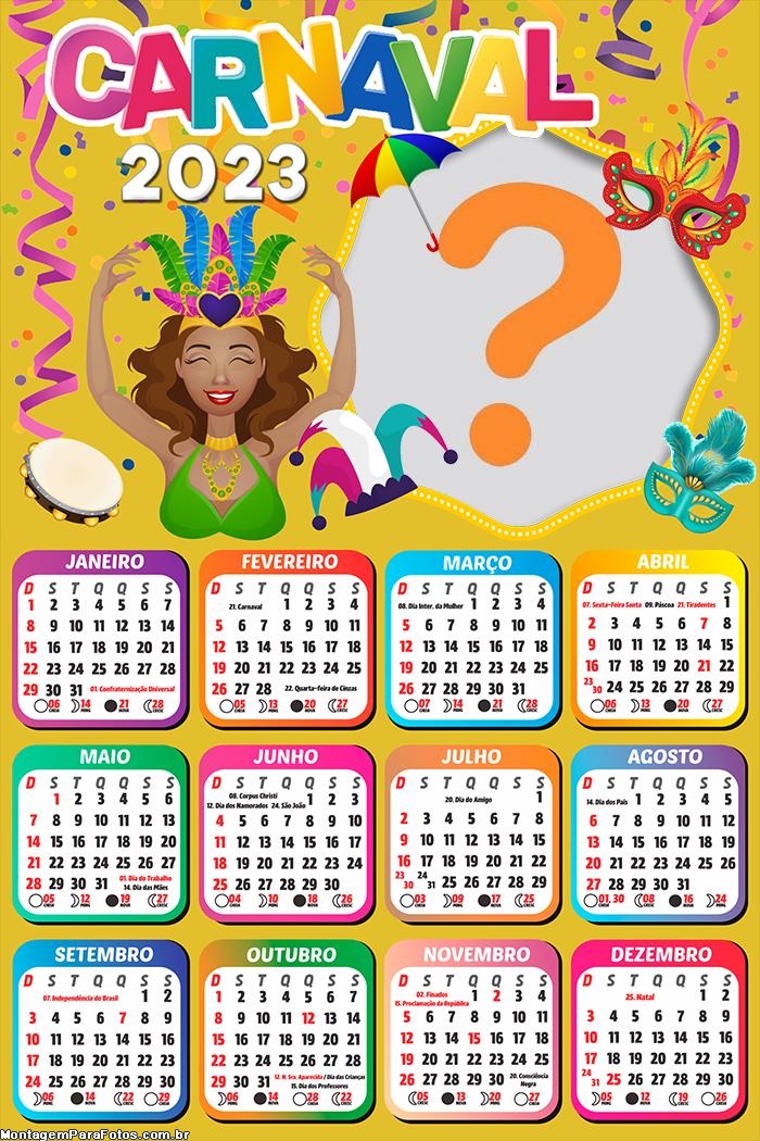 Calendário 2023 Editar Moldura Grátis Carnaval