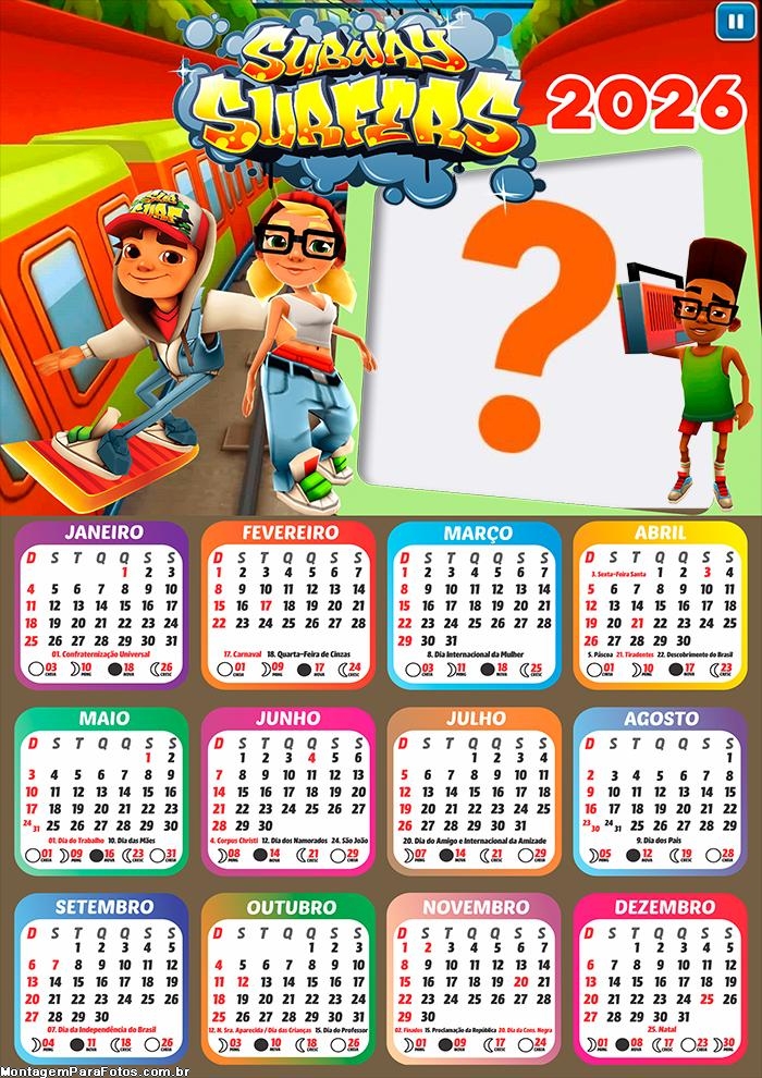 Calendário 2026 Subway Surfers Montagem de Foto