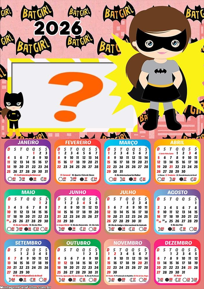 Calendário 2026 BatGirl Cute Colagem de Fotos