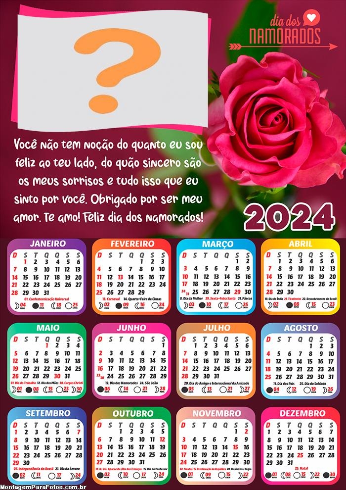 Calendário 2024 Dia dos Namorados Mensagem Colagem de Foto