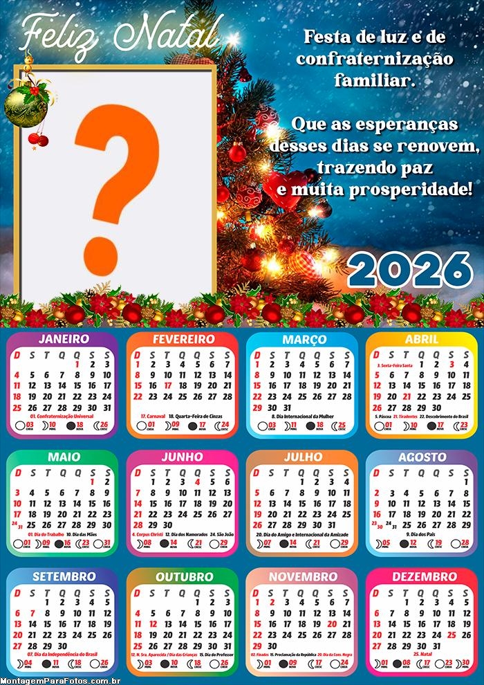 Calendário 2026 Renovação e Paz Feliz Natal Fazer Colagem Grátis