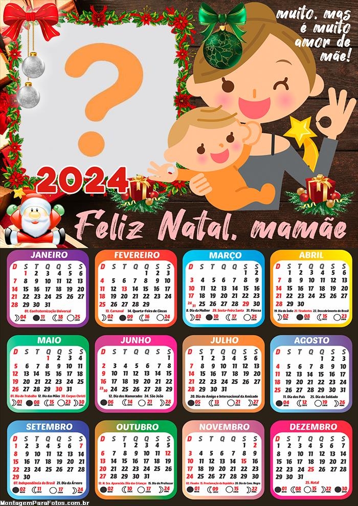 Calendário 2024 Mamãe Feliz Natal Moldura com Montagem de Foto