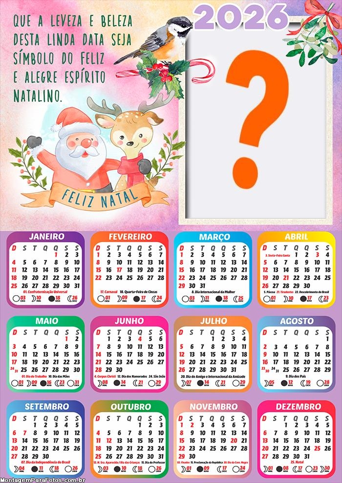 Calendário 2026 Feliz Natal Aquarela com Mensagem Emoldurar Foto Online