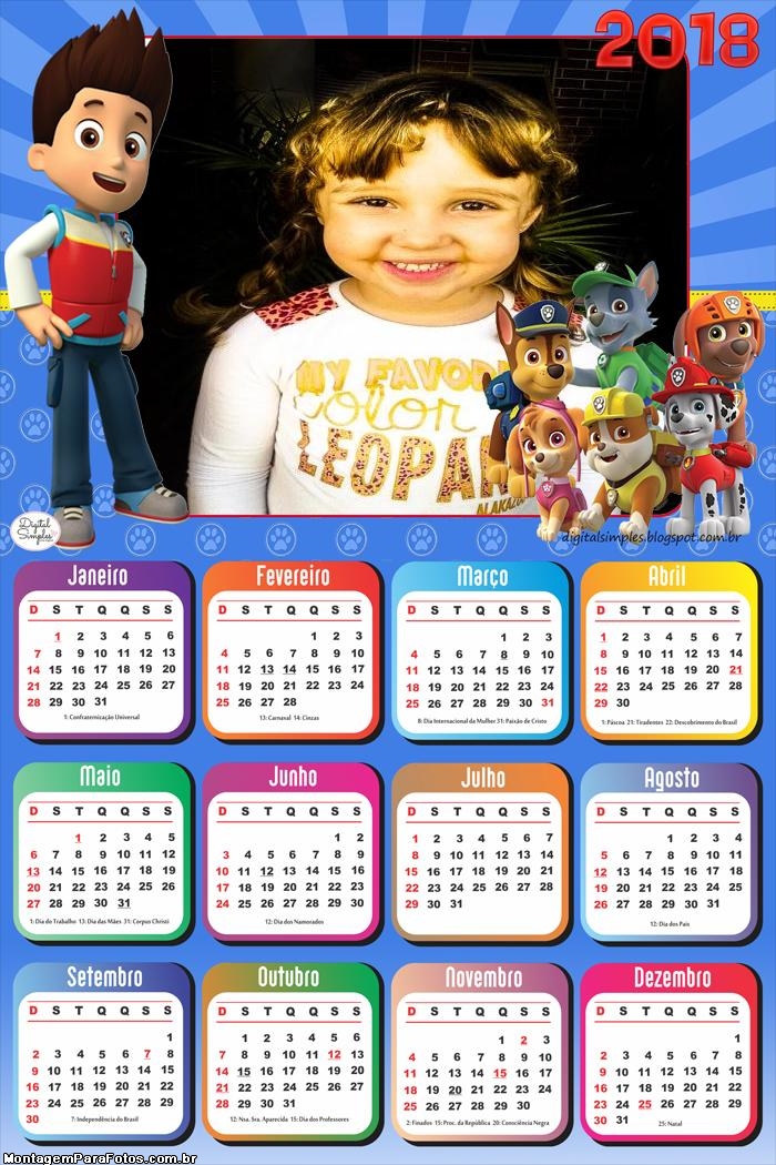 Calendário 2018 Paw Patrol