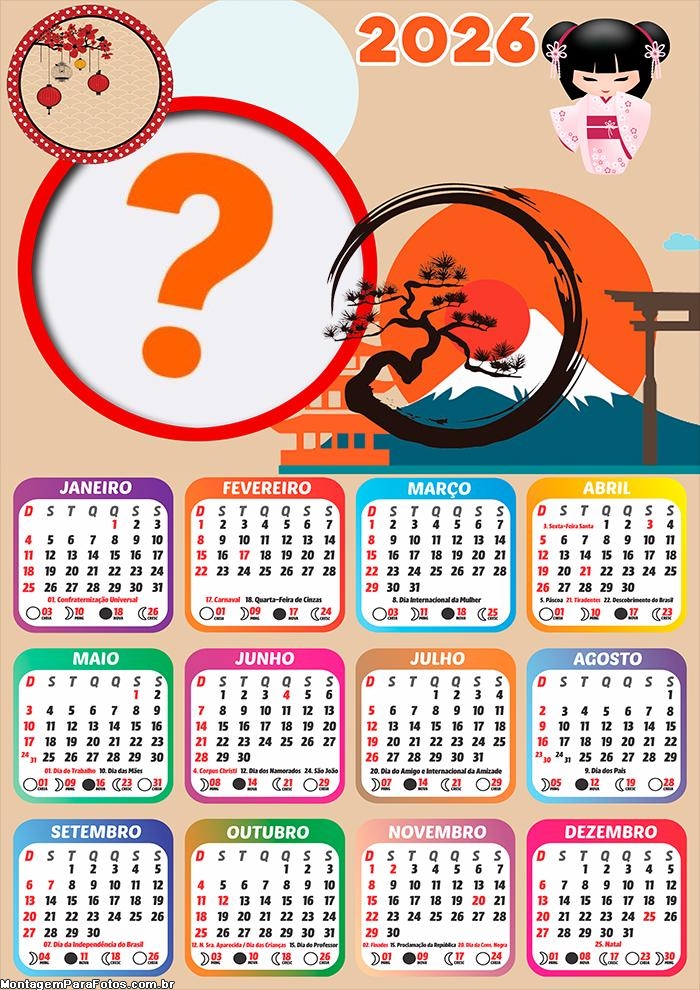 Calendário 2026 Japonesa Montagem de Foto