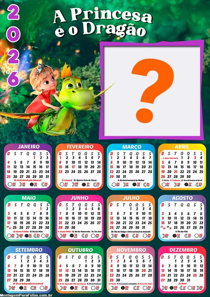 Calendário 2026 A Princesa e o Dragão Colagem Online