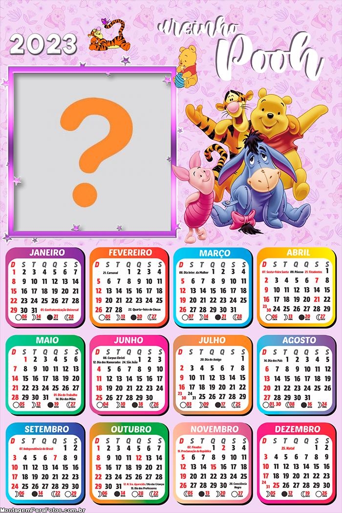 Calendário 2023 Ursinho Pooh para Meninas Fazer Grátis