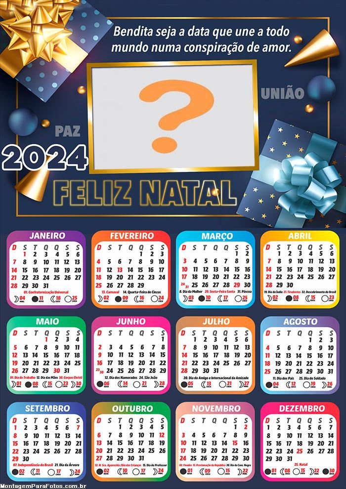 Imprimir Grátis Calendário 2024 Data que une a todos Feliz Natal