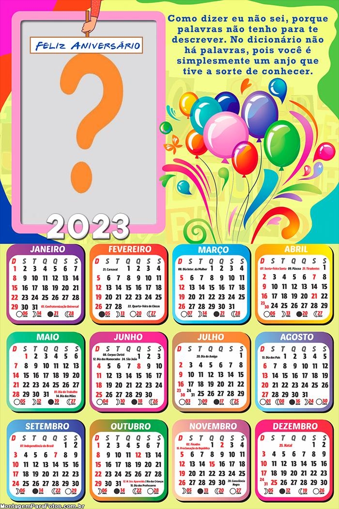 Calendário 2023 Feliz Aniversário Sorte de Conhecer Frase Online