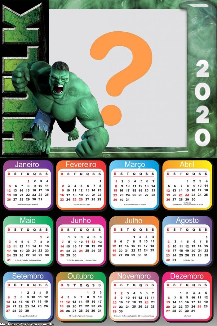 Calendário 2020 Hulk Máscara Digital