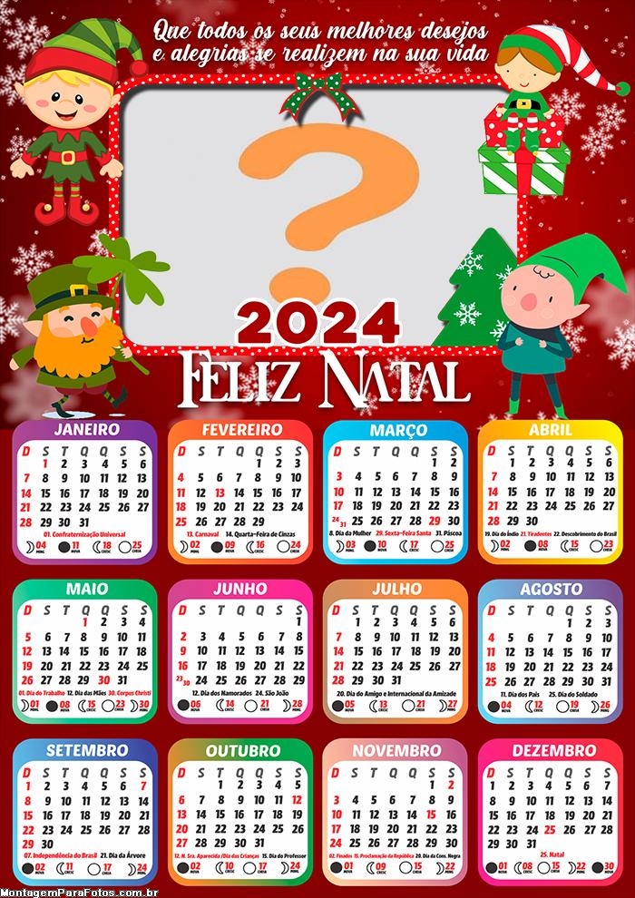 Calendário 2024 Feliz Natal Duendes do Papai Noel Colar Grátis Online