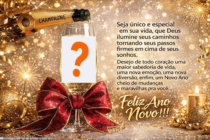 Montagem de foto na taça do champanhe Ano Novo