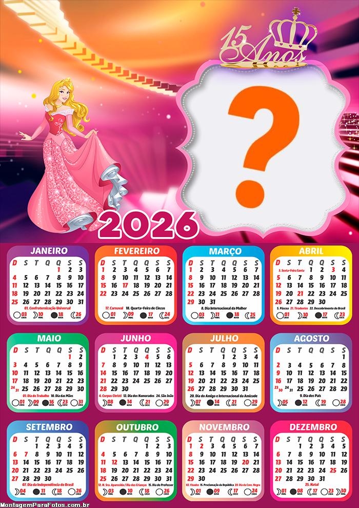 Calendário 2026 Debutante 15 Anos Princesa Criar Montagem
