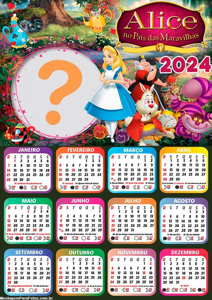 Calendário 2024 Alice no País das Maravilhas Colagem Grátis