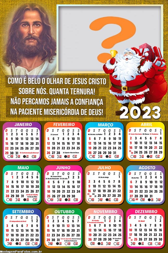 Calendário 2023 Papai Noel Adorando Jesus Moldura Religiosa Moldura