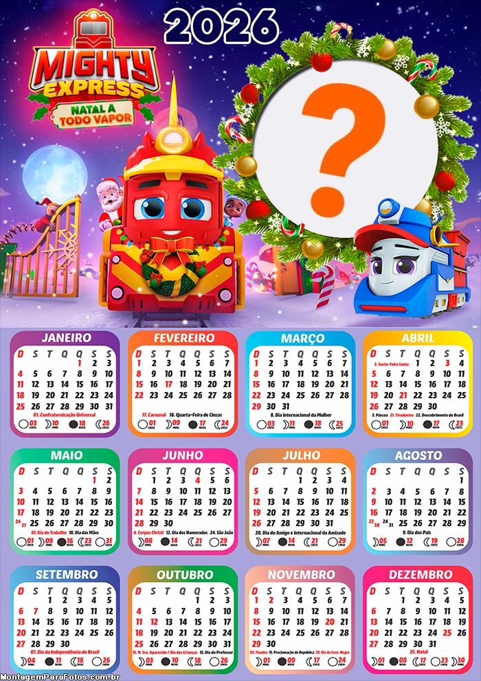 Calendário 2026 Mighty Express Natal a Todo Vapor Colagem de Fotos