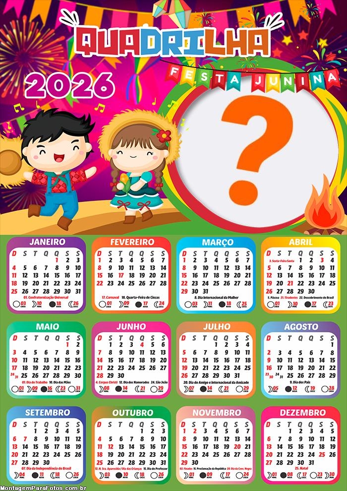 Calendário 2026 Quadrilha Infantil Fazer Colagem Grátis