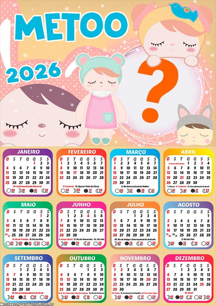 Calendário 2026 Metoo Colagem de Fotos