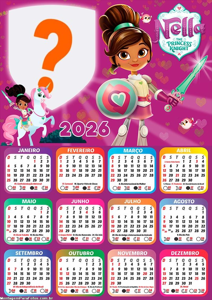 Calendário 2026 Princesa Nella Fazer Colagem Grátis