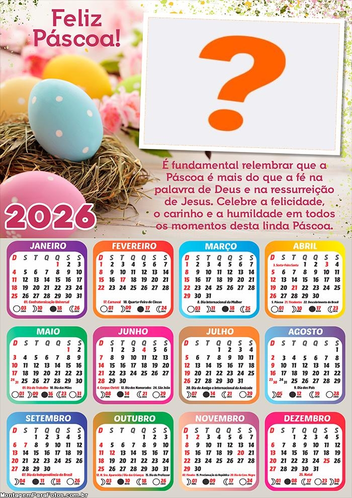 Calendário 2026 Mensagem de Feliz Páscoa Juntar Foto Online