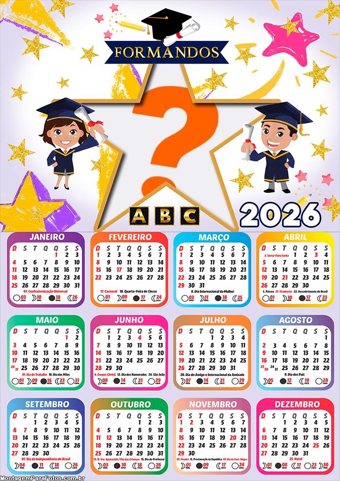 Calendário 2026 Formatura Estrela Moldura Montagem de Foto