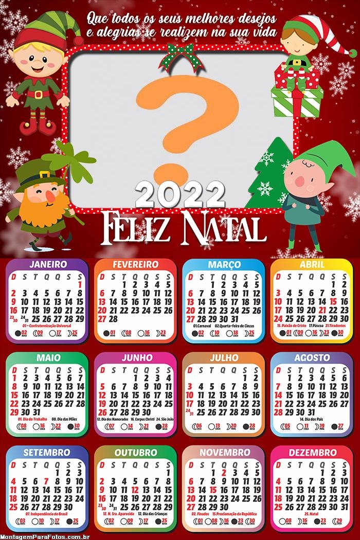 Calendário 2022 Natal Duendes do Papai Noel Montagem Grátis