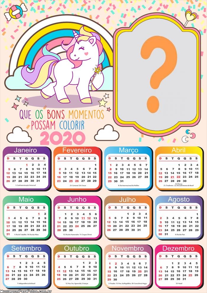 Calendário 2020 de Unicórnio Candy Color