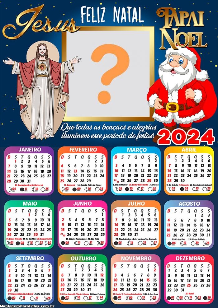 Calendário 2024 Mensagem Colagem de Foto Jesus Cristo e Papai Noel