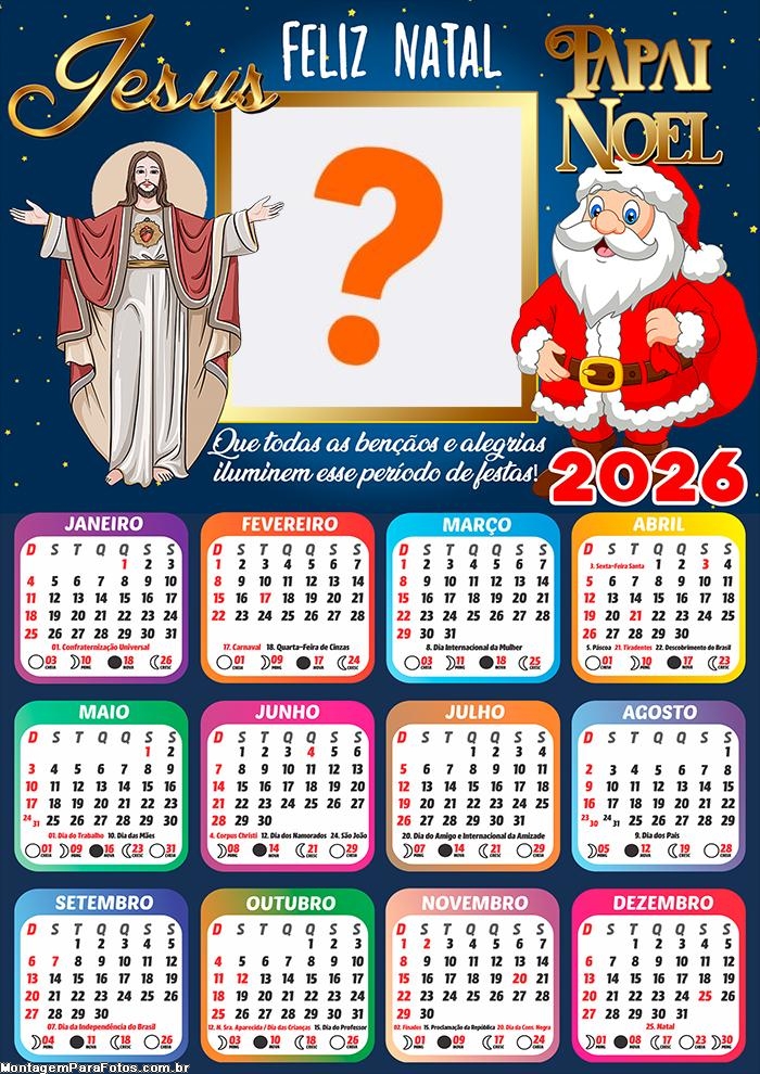 Foto em Calendário 2026 Jesus Cristo e Papai Noel Online