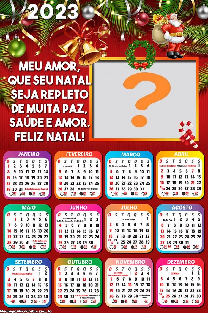 Calendário 2023 com Mensagem Natal Muita Paz Saúde e Amor