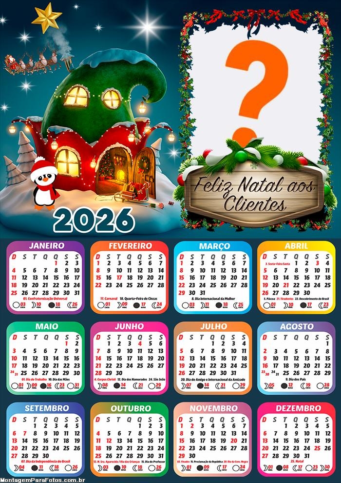 Calendário 2026 para Clientes Feliz Natal Fazer Colagem Grátis