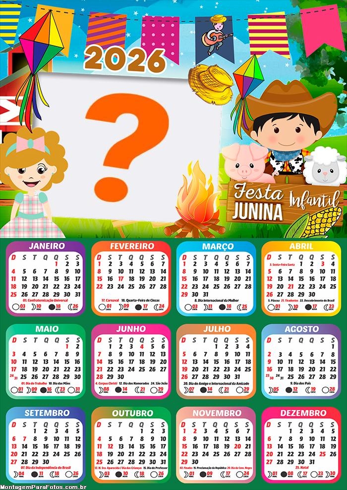 Calendário 2026 Festa Junina Crianças Foto Colagem
