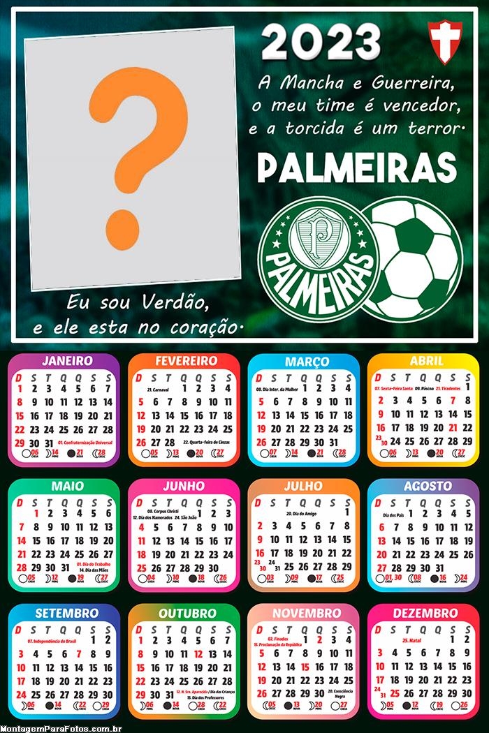 Calendário 2023 Palmeiras para Foto Colagem Grátis